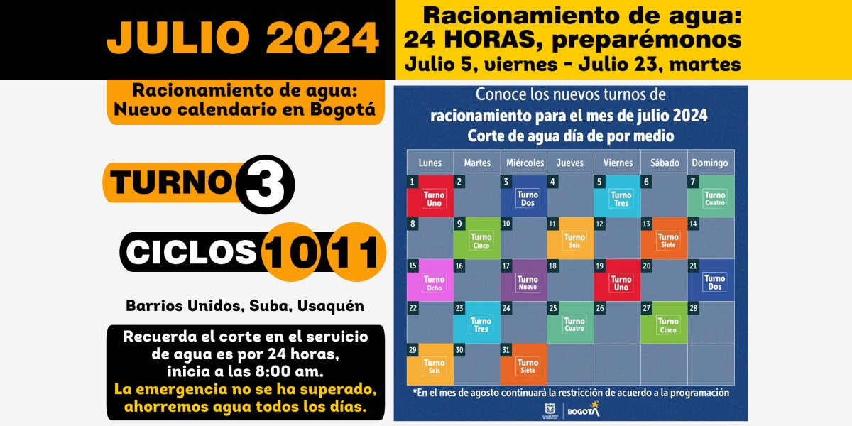2024-06-27, Comunicado: Nuevo calendario de racionamiento de agua en Bogotá
