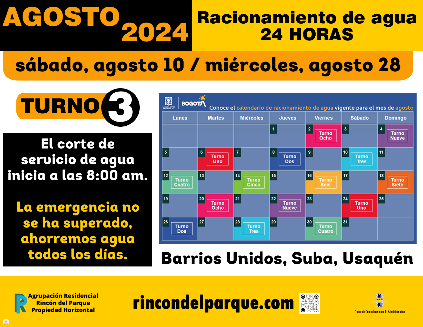 2024-08-08, Comunicado: Racionamiento de agua en Bogotá - Agosto 2024