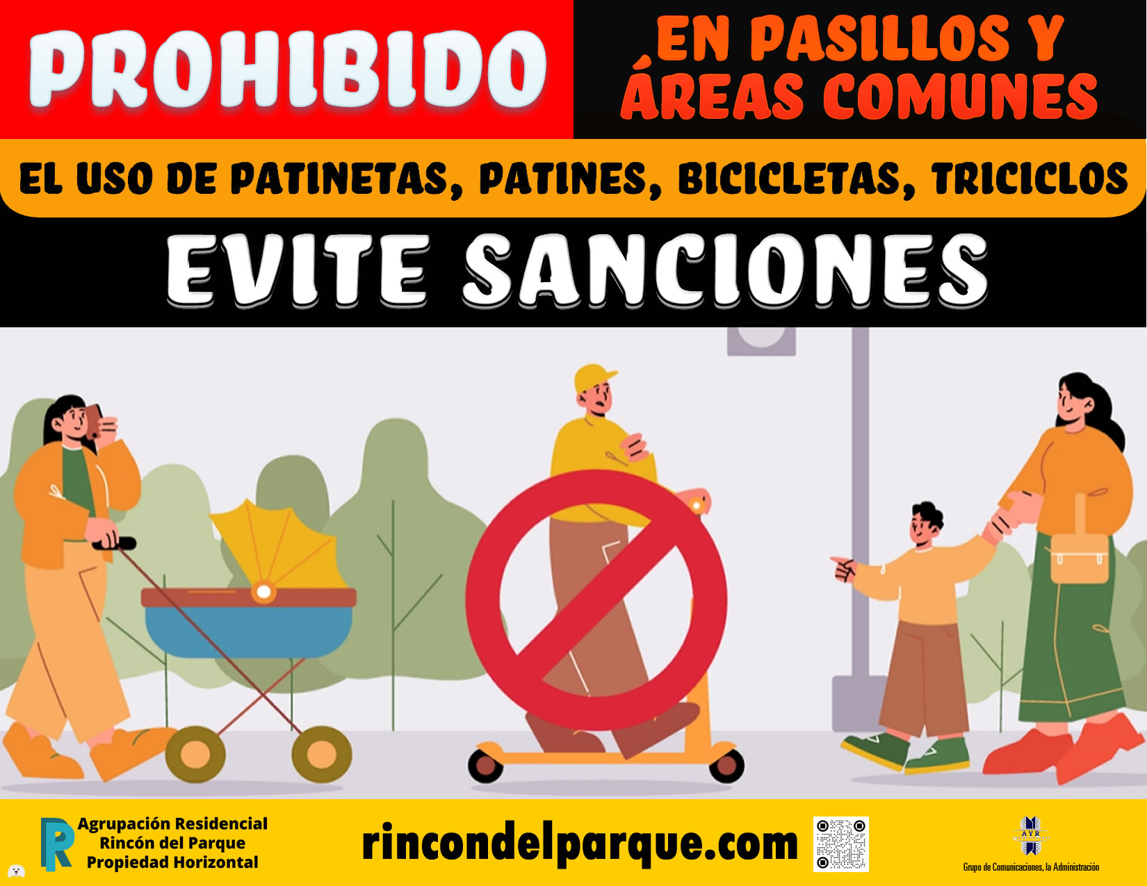 2024-10-10, Comunicado: Prohibido el uso de patinetas, patines, bicicletas, triciclos en los pasillos y áreas comunes