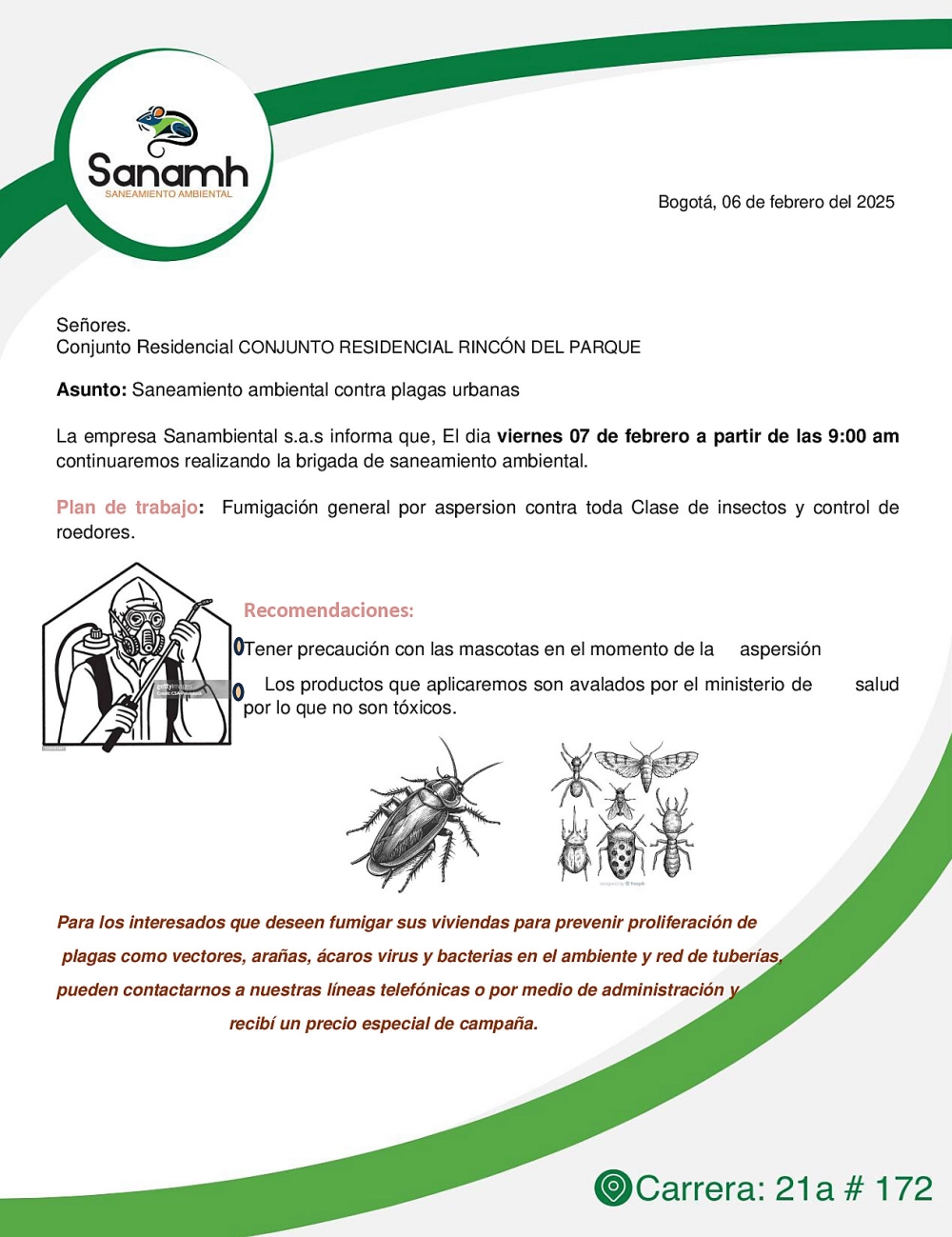 2025-02-06, Comunicado: Sanamh, Fumigaciones