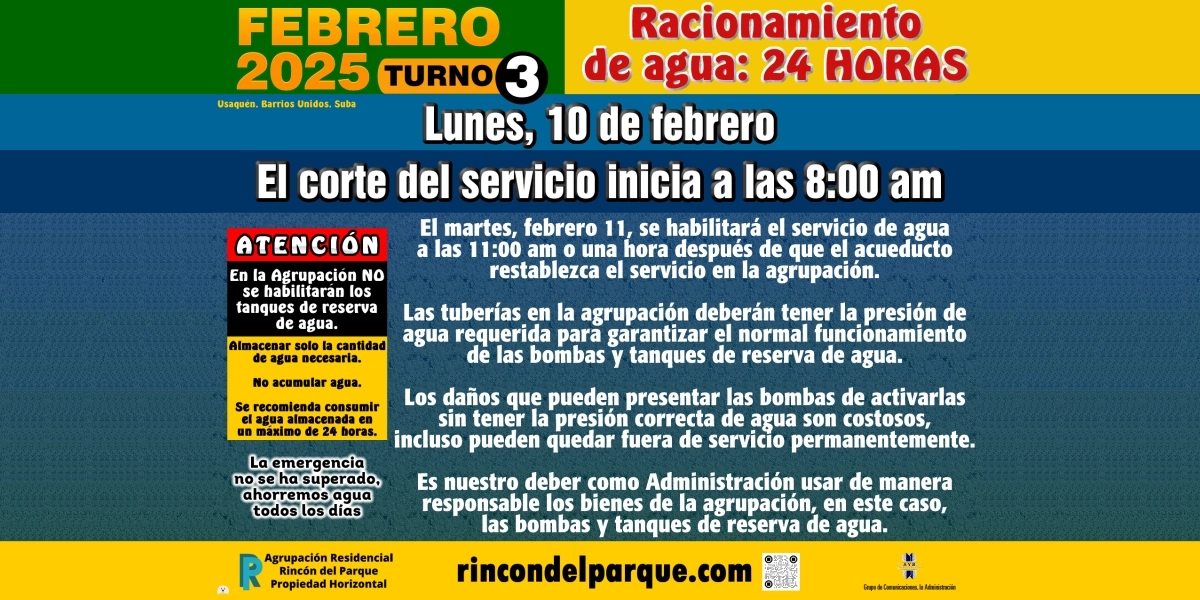 2025-02-07, Comunicado: Racionamiento de agua, martes, febrero 10