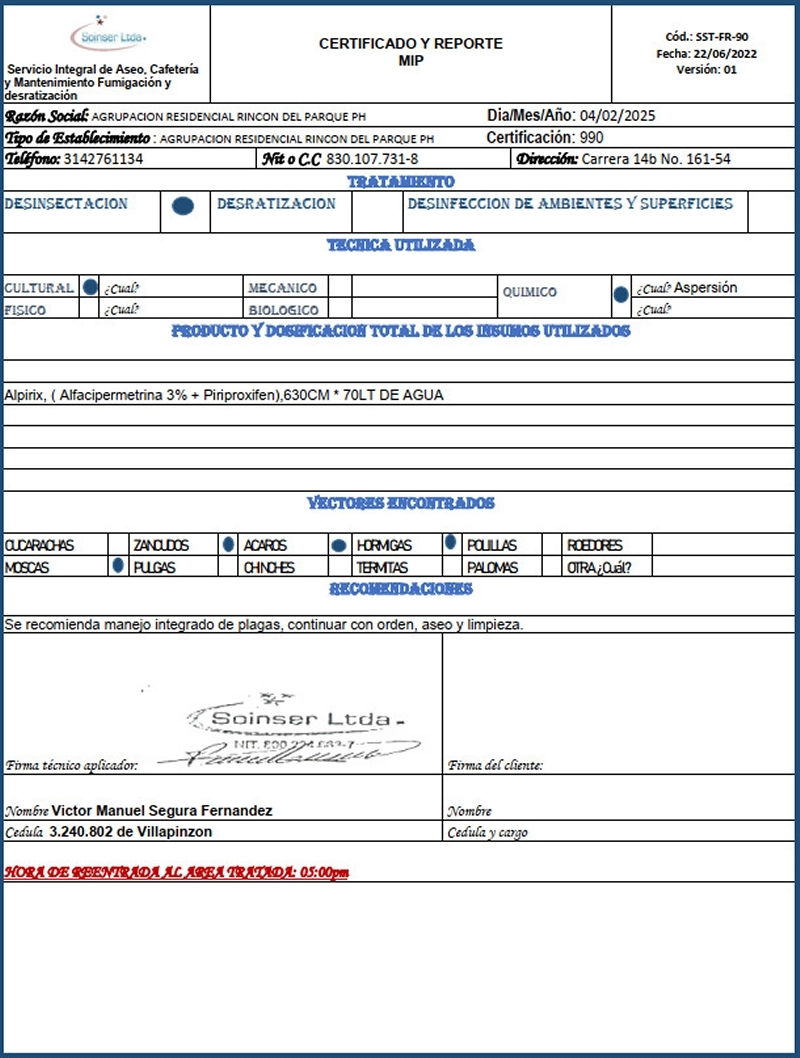 2025-02-11, Comunicado: Fumigaciones, Reportes